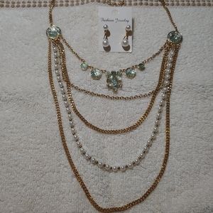 Astonishing Drusy Mint Green, Pearl, and Gold costume fashion jewelry set